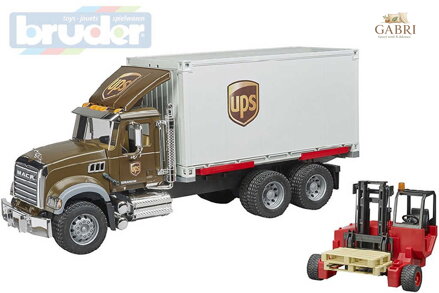BRUDER 02828 Auto Mack Granite UPS přeprava peněz set s vozíkem a paletami