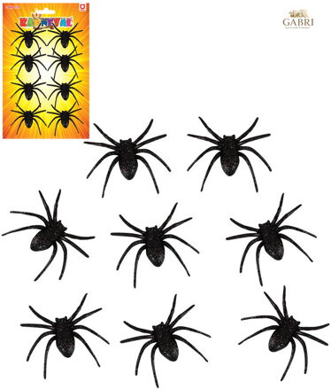 Pavouk černý třpytivý 6cm halloween dekorace set 8ks na kartě