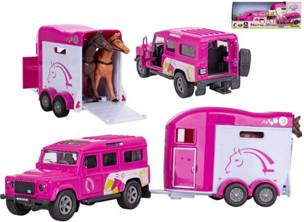 KIDS GLOBE Horses auto Land Rover set s přívěsem a koňmi růžový PB kov