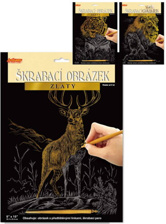 Obrázek vyškrabovací Zvířáta zlatý kreativní set se škrabacím perem 3 druhy