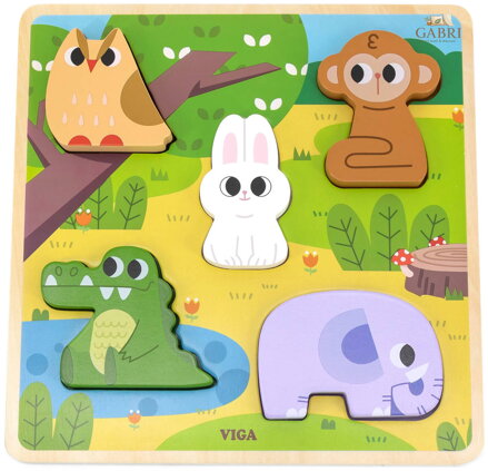 VIGA DŘEVO Vkládačka Divoká zvířátka puzzle vkládací na desce 5 dílků