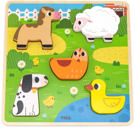 VIGA DŘEVO Vkládačka Zvířátka farma puzzle vkládací na desce 5 dílků