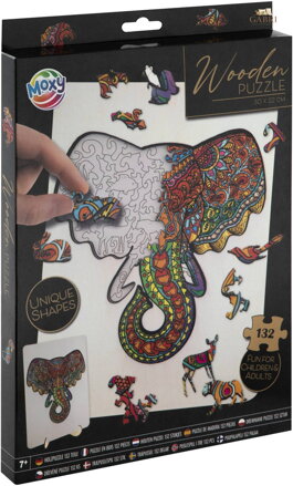 DŘEVO Puzzle obrysové na desce Slon 132 dílků set skládačka se stojánkem