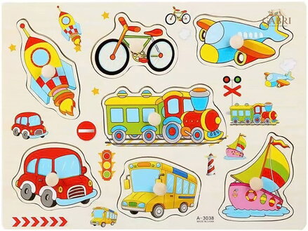 DŘEVO Vkládačka dopravní prostředky puzzle 7 dílků s úchyty na desce