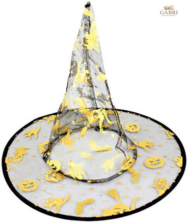 KARNEVAL Klobouk Čarodějnický zlatý potisk 39 cm KARNEVALOVÝ DOPLNĚK