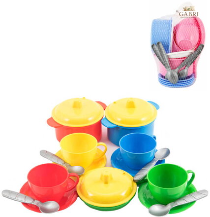 Nádobí dětské barevné set 18ks malý kuchař v síťce plast 2 druhy