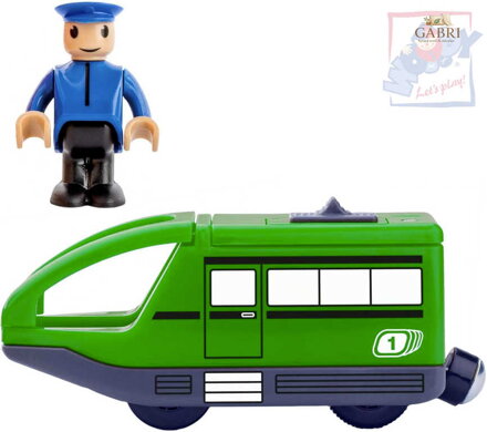 WOODY Mašinka elektrická zelená na baterie set s panáčkem doplněk k vláčkodráze