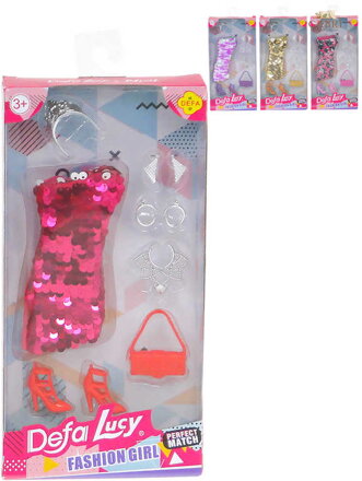Šaty společenské flitrové pro panenku set s fashion doplňky 4 barvy