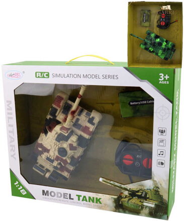 RC Tank na vysílačku 27MHz na baterie 1:18 USB Světlo Zvuk 2 barvy