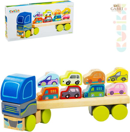 CUBIKA DŘEVO Baby autíčko Kamion s auty navlékací stavebnice set 12 dílků