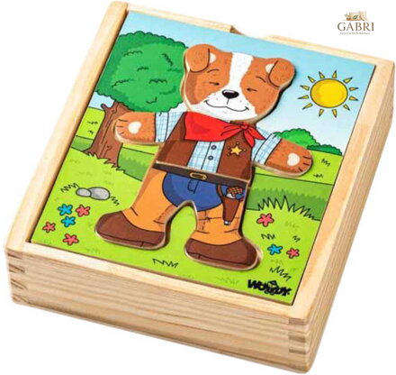 WOODY DŘEVO Baby puzzle šatní skříň pejsek 18 dílků *DŘEVĚNÉ HRAČKY*