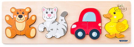 WOODY DŘEVO Baby vkládací puzzle skládačka 4 motivy 4v1 na desce