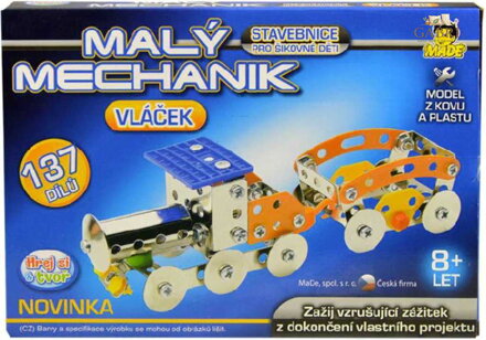 MALÝ MECHANIK Vláček 137 dílků kovová STAVEBNICE typu Merkur