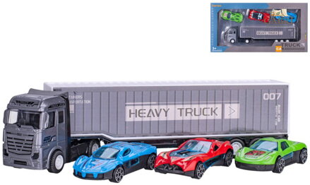 Auto nákladní kovový kamion set se 3 auty volný chod