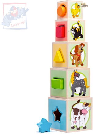 WOODY DŘEVO Věž zvířátka set 5 kostek s vkládacími tavry *DŘEVĚNÉ HRAČKY*