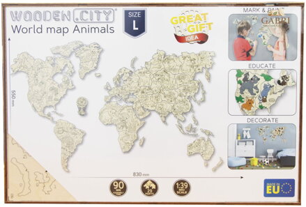 WOODEN CITY Dřevěná mapa se zvířátky velikost L (83x55cm)