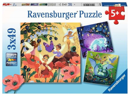 RAVENSBURGER Puzzle Víly, drak a jednorožec 3x49 dílků
