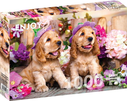ENJOY Puzzle Štěňátka kokršpaněla s květinovými kloboučky 1000 dílků