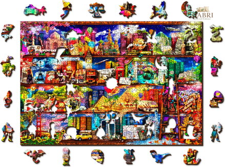 WOODEN CITY Dřevěné puzzle Police na knihy o cestování 505 dílků