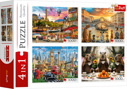 TREFL Puzzle Malovaná města a Kapybary 4x1000 dílků