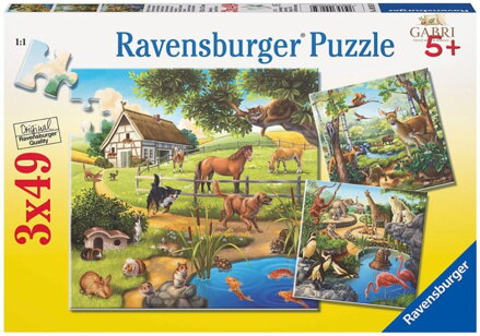 RAVENSBURGER Puzzle Zvířata v lese, ZOO a na statku 3x49 dílků