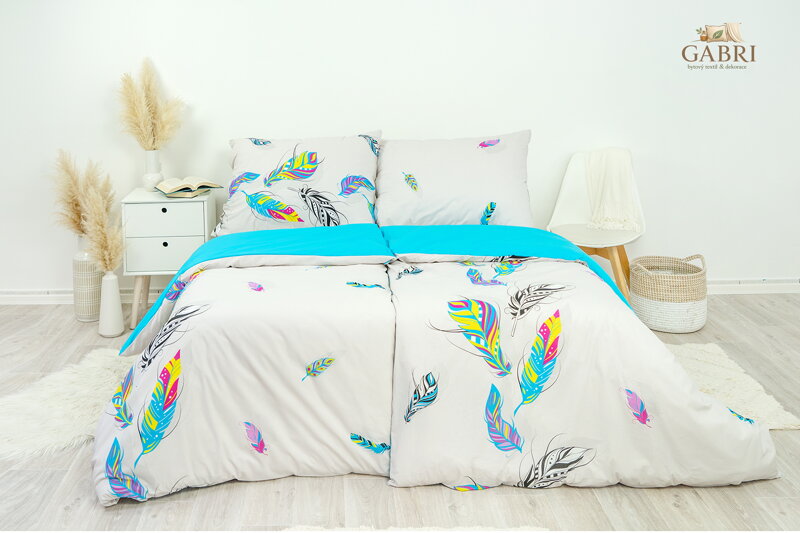 Ložní povlečení bavlněné Stanex peří tyrkysové (LS218), 140 x 220 + 90 x 70, Knoflíkové