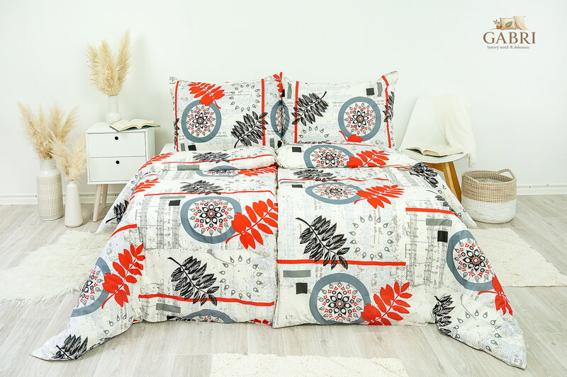 Ložní povlečení krepové Stanex kapradí šedo červené (LS77), 140 x 220 + 90 x 70, Knoflíkové