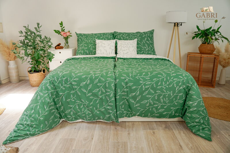 Ložní povlečení bavlněné Stanex zelené lístky (LS413), 140 x 200 + 90 x 70, Knoflíkové