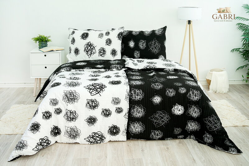 Ložní povlečení krepové Stanex orbit černo-bílý (LS88), 140 x 200 + 90 x 70, Knoflíkové