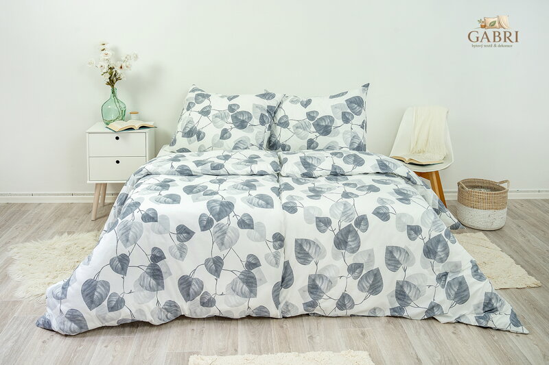 Ložní povlečení bavlněné Stanex šedé listy (LS275), 140 x 200 + 90 x 70, Knoflíkové