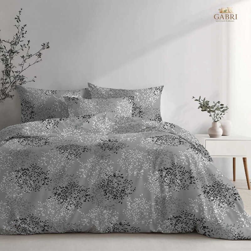Ložní povlečení bavlněné Stanex větvičky šedé (LS391), 140 x 200 + 90 x 70, Knoflíkové