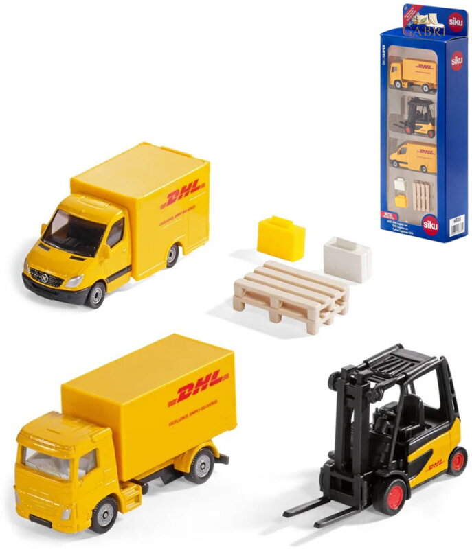 SIKU Logistický set 2 vozidla DHL s vysokozdvižným vozíkem a doplňky kov 6335