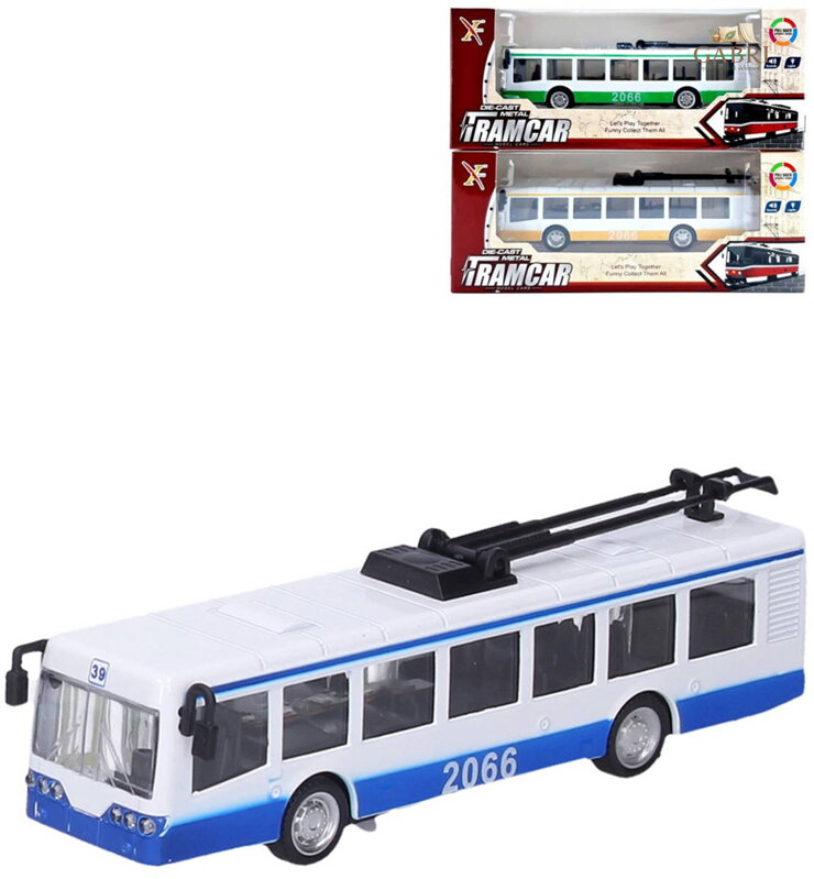 Trolejbus kovový s efekty 16cm na baterie zpětný chod Světlo Zvuk