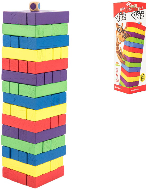 BONAPARTE DŘEVO Hra věž Jenga barevná 60 dílků *SPOLEČENSKÉ HRY*