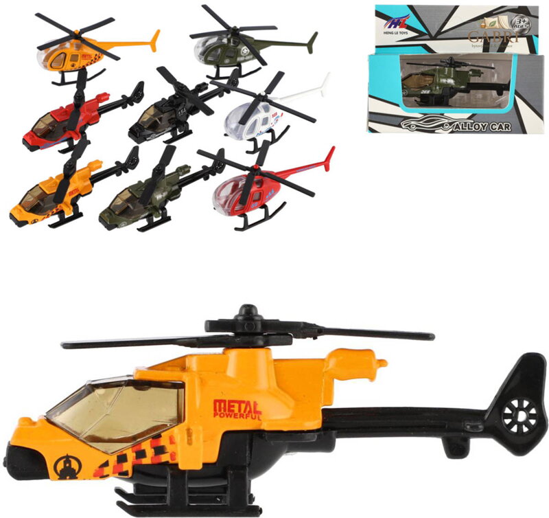 Helikoptéra kovový vrtulník v krabičce 4 druhy 4 barvy