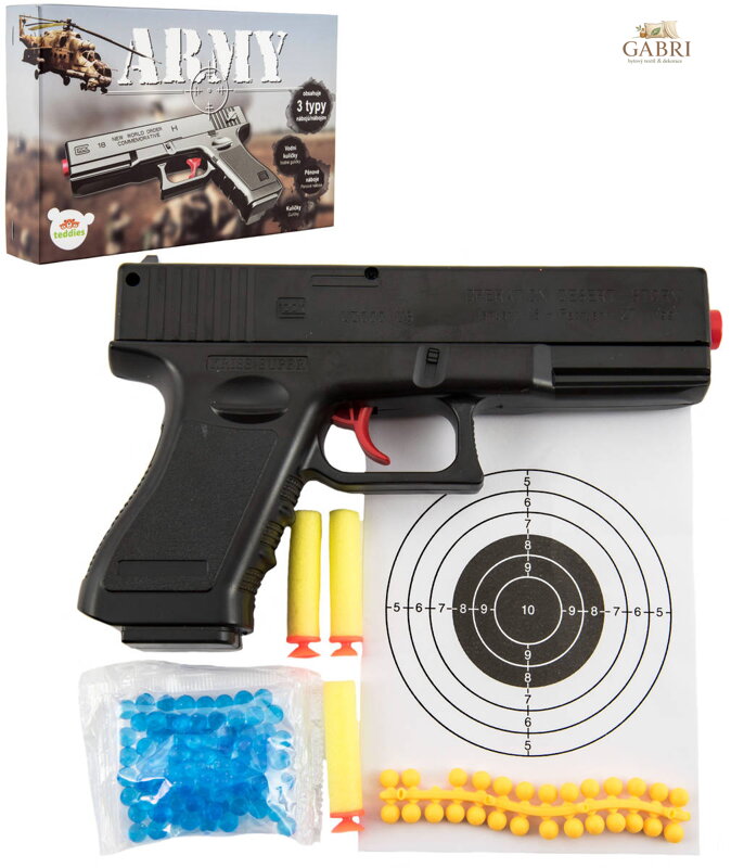 Pistole dětská zbraň na vodní + gumové kuličky 6mm + pěnové soft náboje 3v1