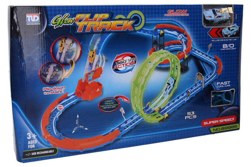 Dráha variabilní Flip Track s autem svítící ve tmě na baterie USB