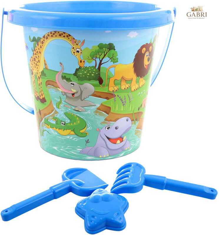 Pískový set kyblík 15cm s formičkou a 2 nástroji Safari sada na písek 4ks
