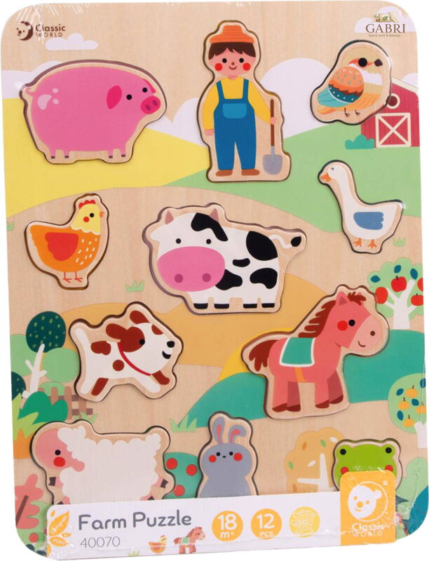 DŘEVO Vkládačka zvířátka farma 12 dílků puzzle vkládací na desce
