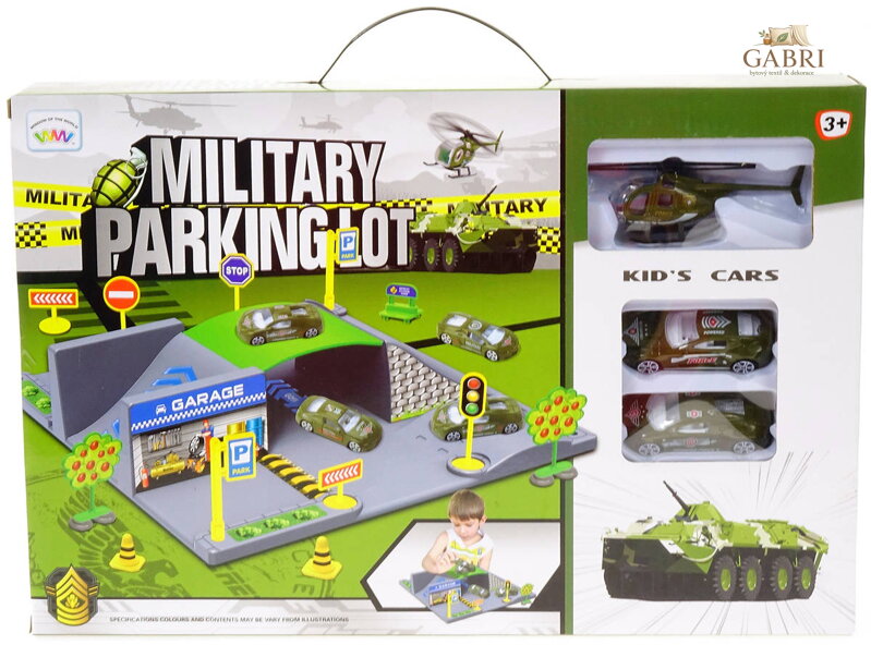 Parkoviště vojenský herní army set se 2 auty a vrtulníkem s doplňky