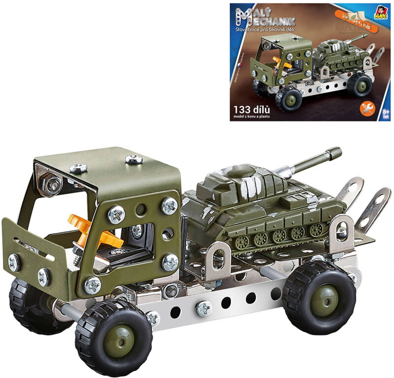 MALÝ MECHANIK Vojenské auto 133 dílků kovová STAVEBNICE typu Merkur