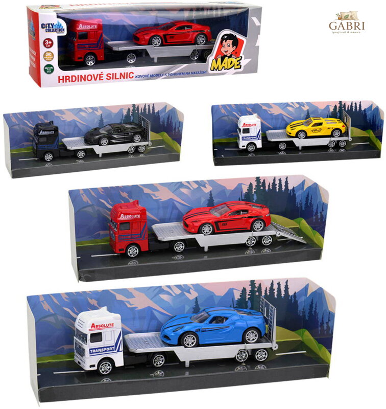 Auto odtahovka kovová 18cm set tahač s přívěsem a automobilem 4 druhy