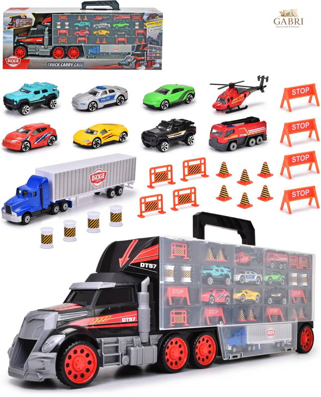 DICKIE Auto kamion kufřík s vystřelovací dráhou set s autíčky a doplňky kov