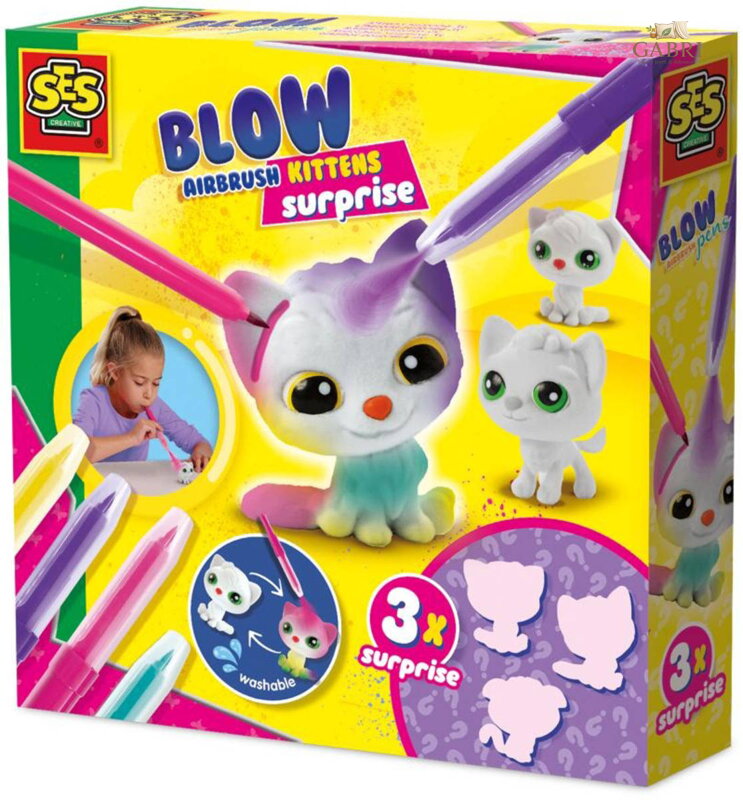 SES CREATIVE Foukací fixy set 4 barvy + 3 koťátka s překvapením