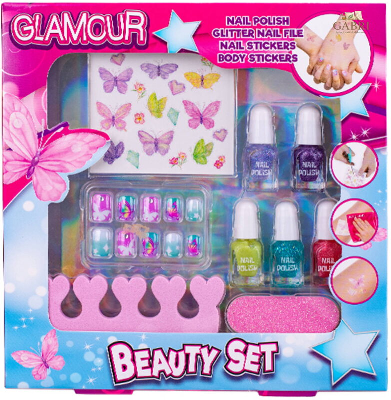 Glamour dětská sada krásy s laky na nehty, pilníkem a samolepkami v krabici