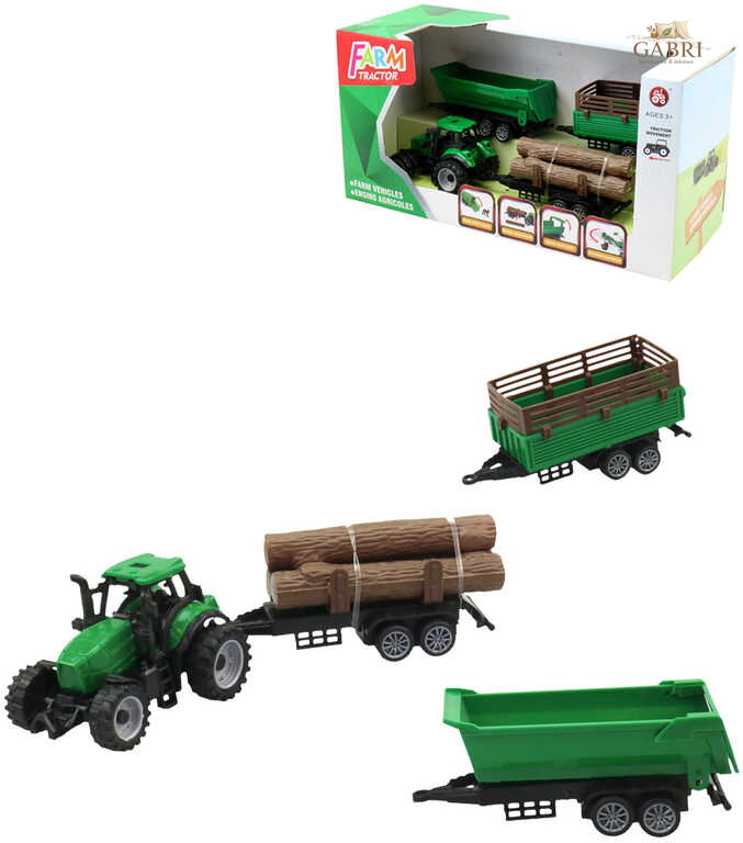 Traktor zelený se 3 přívěsy a kládami dřeva herní set v krabici plast