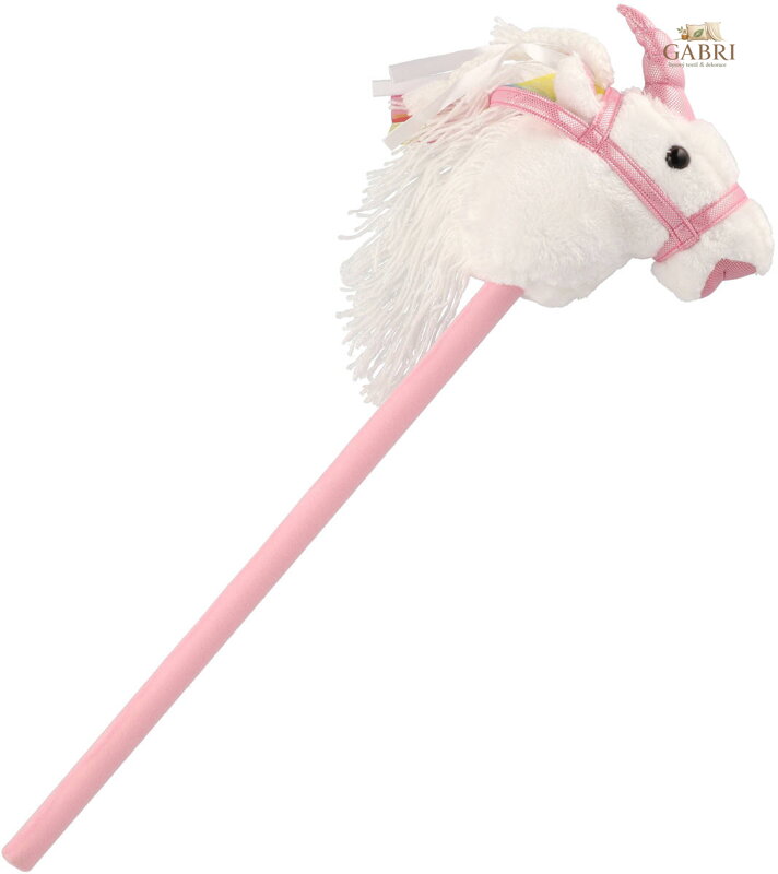 PLYŠ Kůň jednorožec bílý na tyči 80cm koňská hlava na baterie Zvuk
