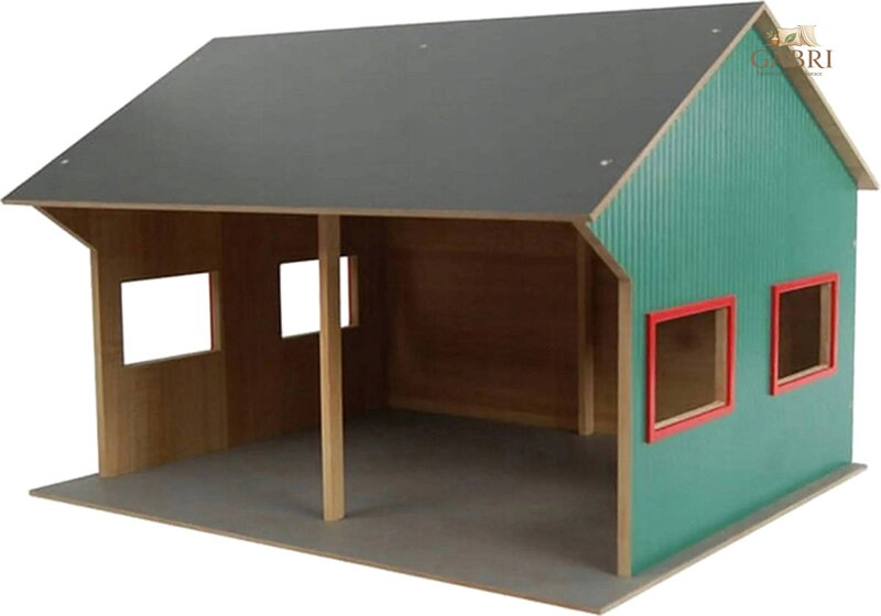 KIDS GLOBE Farma garáž pro 2 traktory 1:16 DŘEVĚNÁ STAVEBNICE