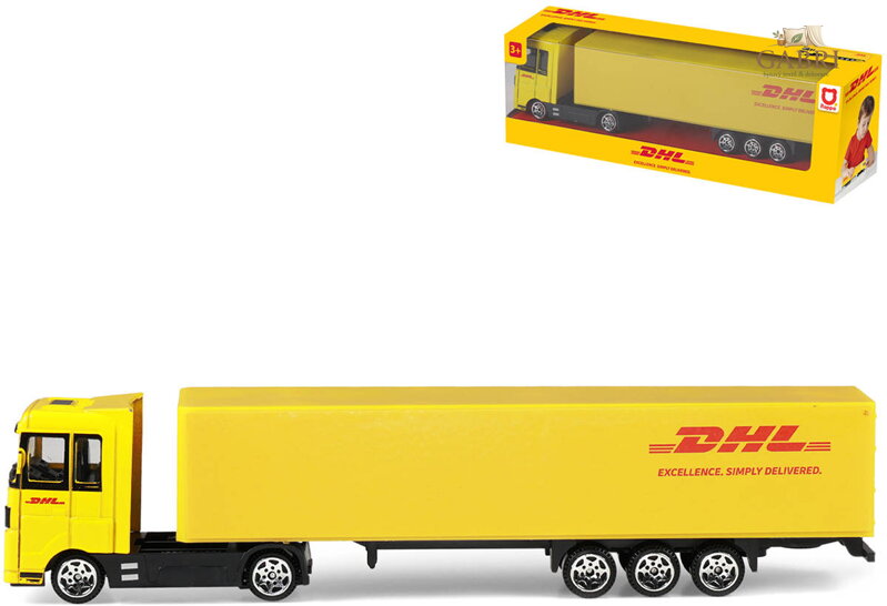 Auto kamion DHL Přeprava zásilek tahač kovový s návěsem volný chod