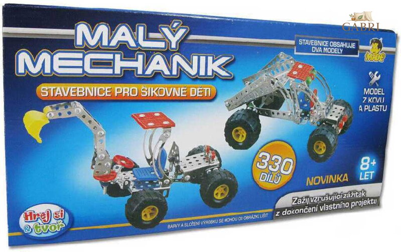 MALÝ MECHANIK 2 vozidla 330 dílků 2v1 kovová STAVEBNICE typu Merkur